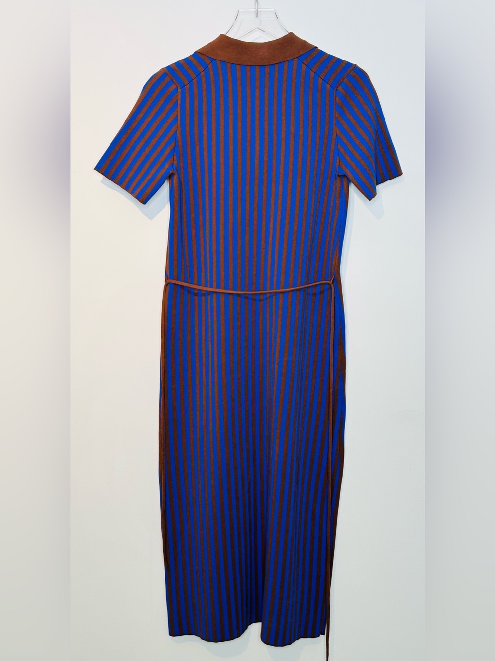 Tory Burch Chocolate Brown Soufflé Electric Blue Ink Striped Polo Midi Dress - Picture 3 of 15